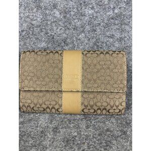 Coach Wallet Womens Beige Signature Canvas Tan Leather Trim Snap Bifold Purse